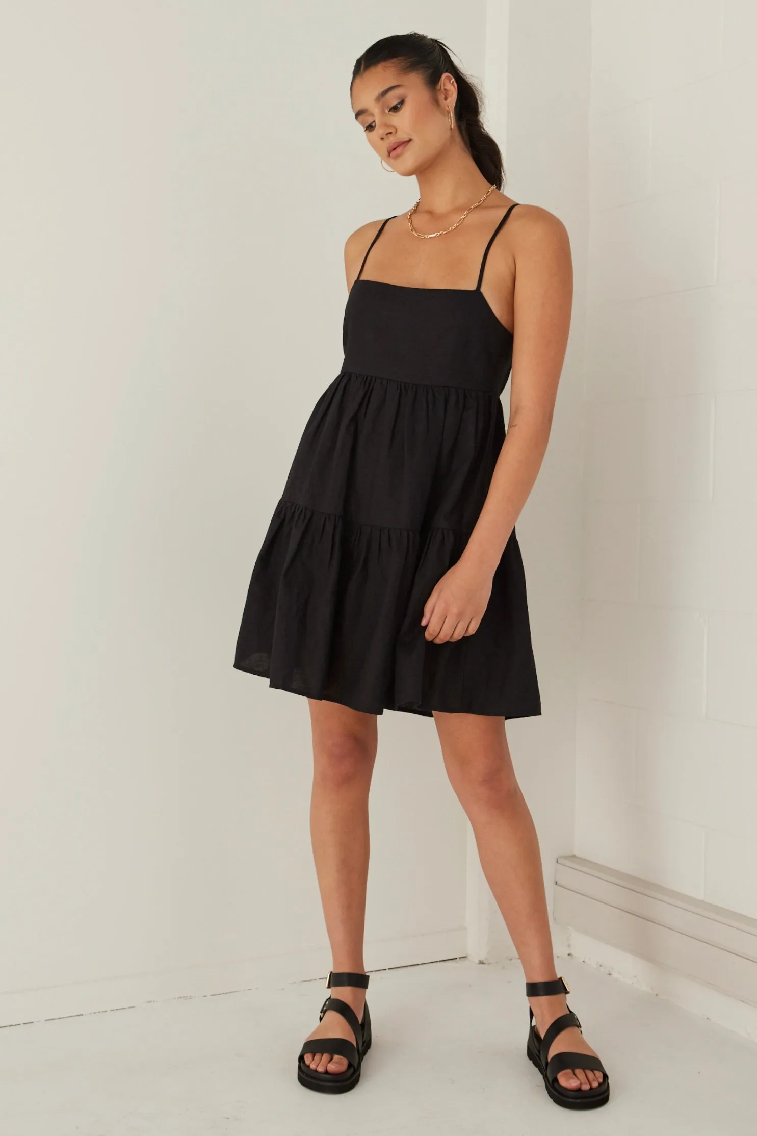 Cosmos Black Linen Cotton Strappy Tie Back Tiered Mini Dress