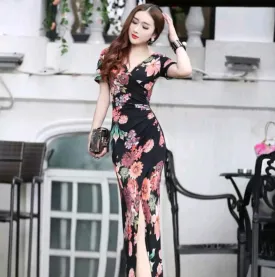 Dress summer new ladies dress bag hip print Slim slit dress