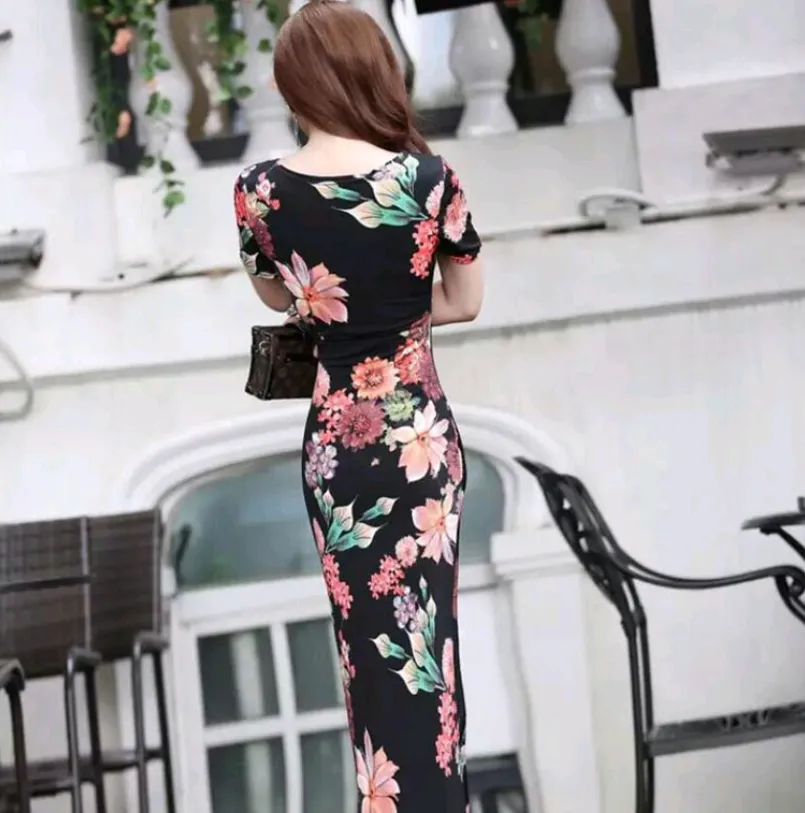 Dress summer new ladies dress bag hip print Slim slit dress