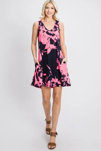 Full Size Floral V-Neck Tank Dress with Pockets