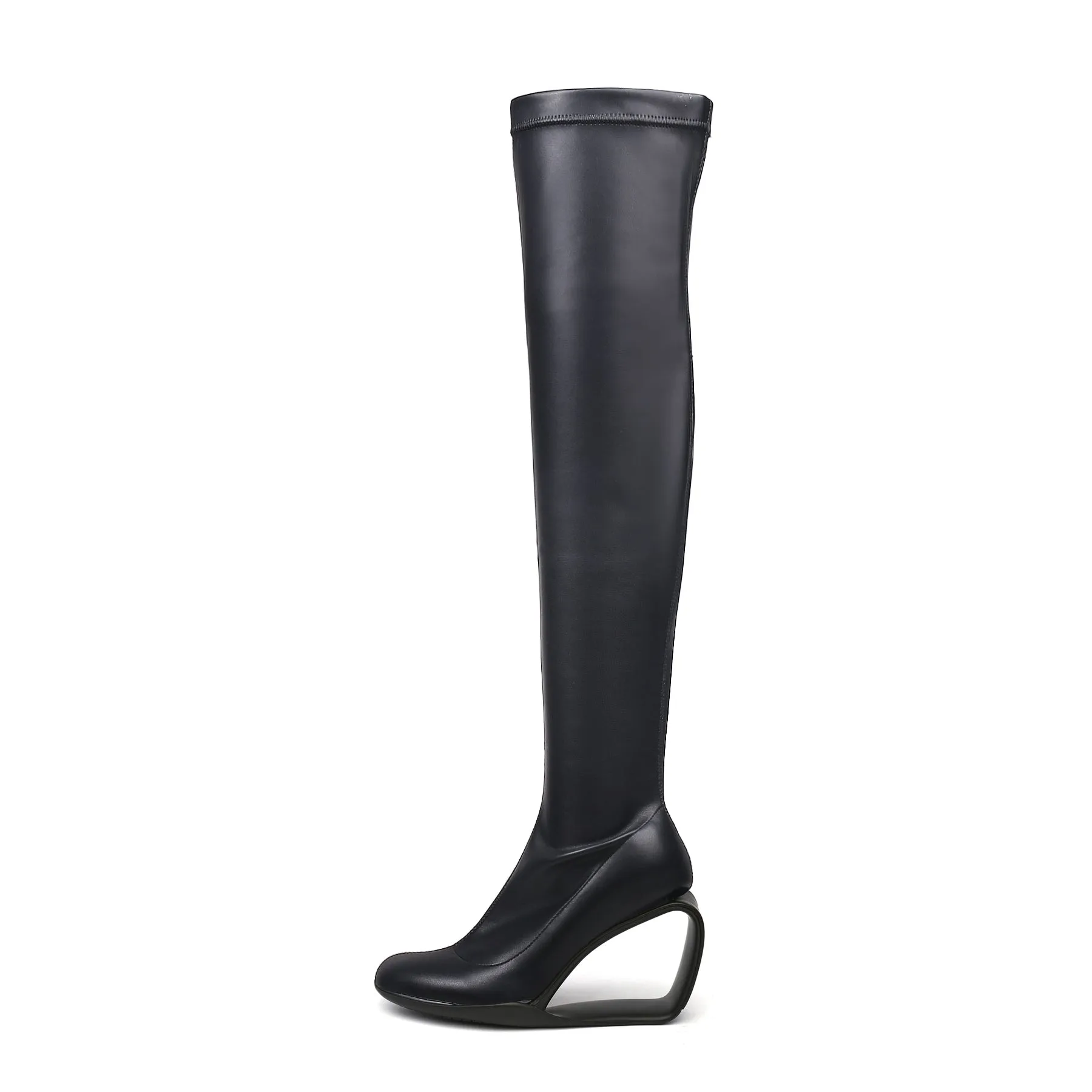 Hollow Wedge Black Knee High Boots