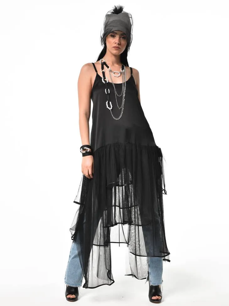 Metamorphoza Satin and Mesh Maxi Dress