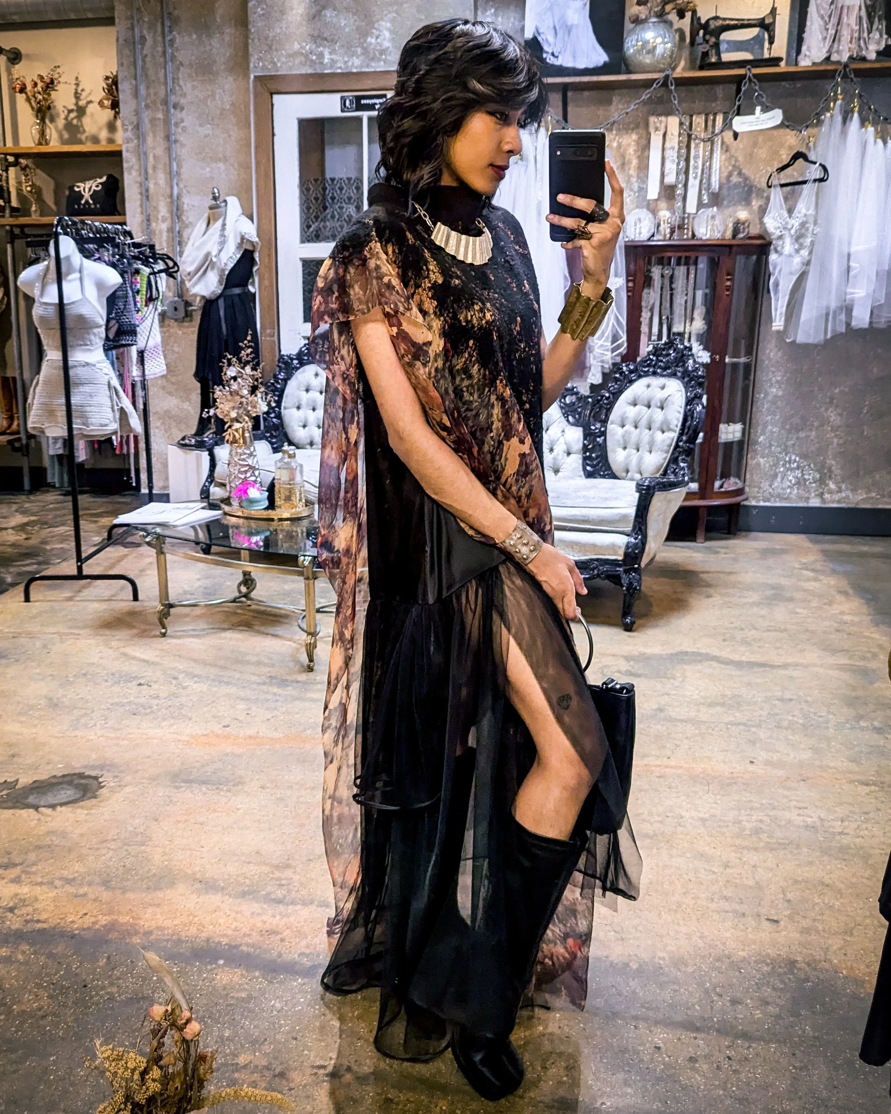 Metamorphoza Satin and Mesh Maxi Dress