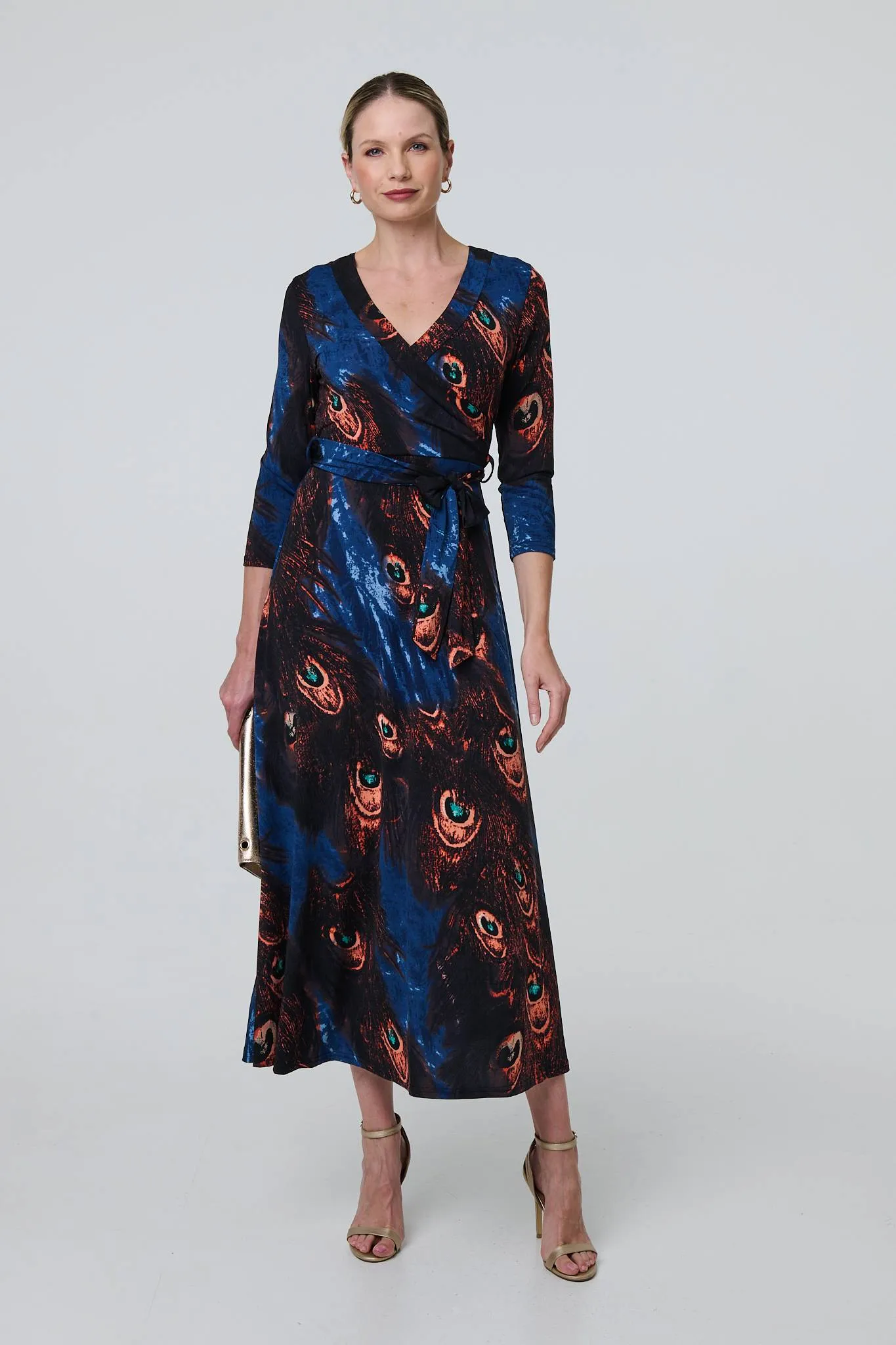 Peacock Print 3/4 Sleeve Wrap Maxi Dress