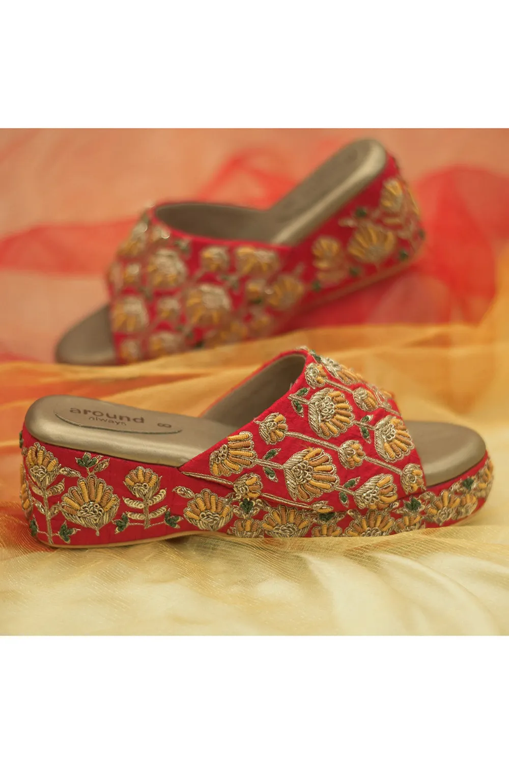 Red Zardosi Embroidered Wedges