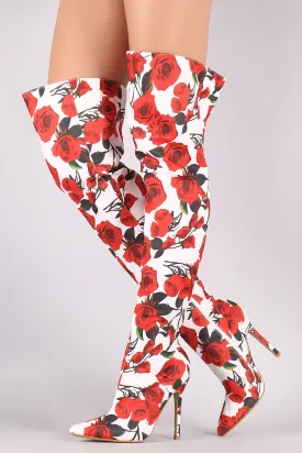 Rosette Print Pointy Toe Over-The-Knee Boots