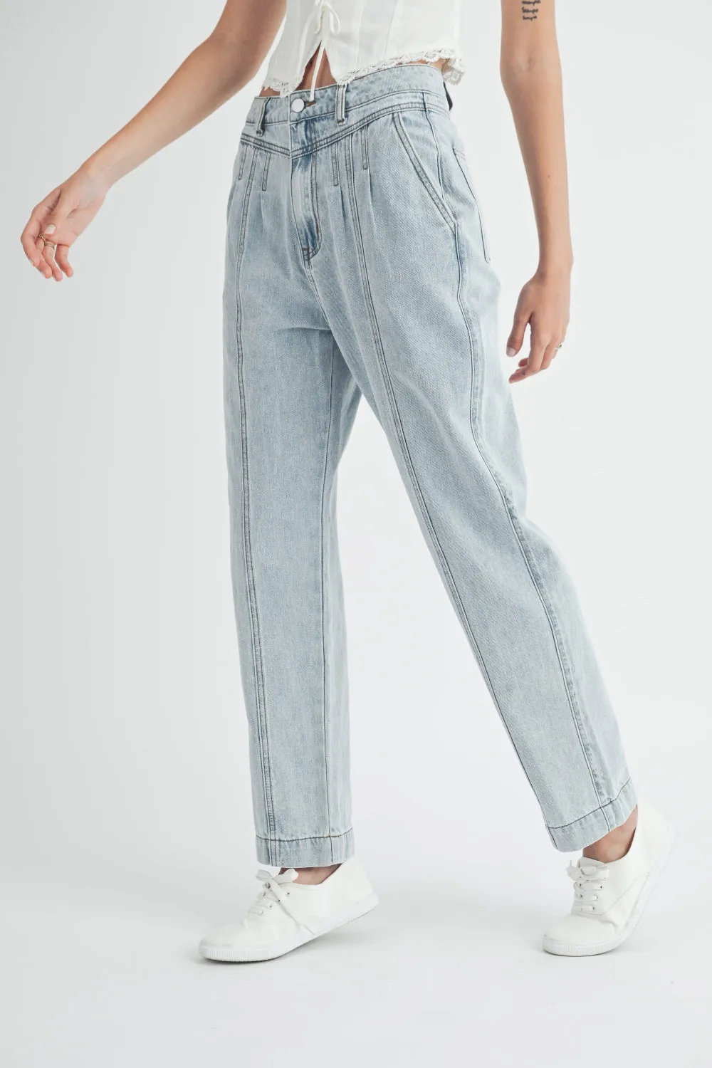 TEEK - Light Denim Pleated Front Straight Jeans